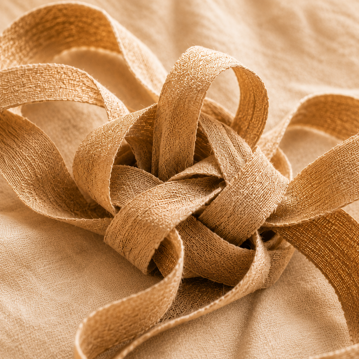 A knotted ribbon, resting on linen